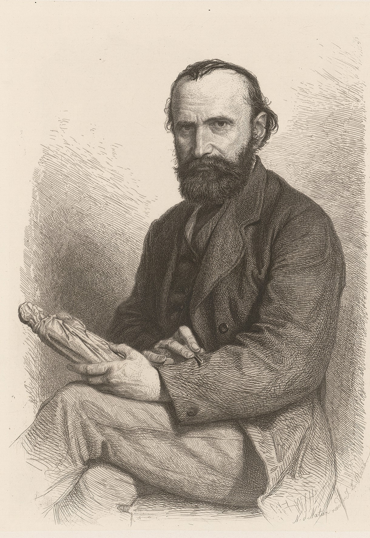 Johann Leonhard Raab (1825 – 1899), Porträt von Joseph Knabl, Bildhauer und Professor an der Königlichen Akademie der Bildenden Künste in München, um 1863 (?), unten rechts bezeichnet und signiert "Nach d. Natur rad. v. J. L. Raab", Radierung auf Chine collé auf Velin, Graphische Sammlung ETH Zürich, Inv.-Nr. D 13415